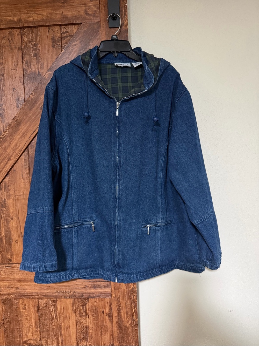 90’s North Style Women Denim Jacket w/flannel plaid lining Detachable Hoodie 2X